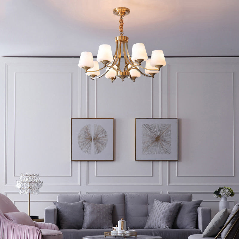 Traditional Tapered Hanging Ceiling Light Opaline Glass Chandelier Lighting in Brass Clearhalo 'Ceiling Lights' 'Chandeliers' Lighting' options 2311695