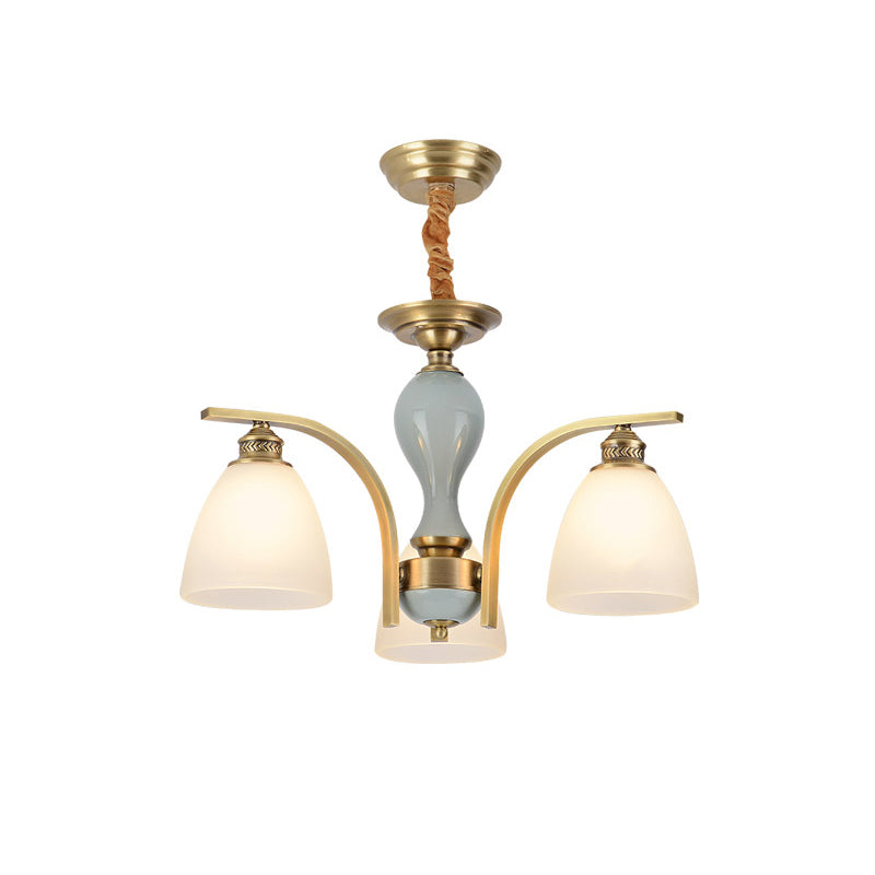 Frosted Glass Brass-Blue Chandelier Bell Shaped Antique Style Hanging Light with Ceramic Deco 3 Brass Clearhalo 'Ceiling Lights' 'Chandeliers' Lighting' options 2311733_6feb55ea-70d8-4f67-a2ec-0349d2e724eb