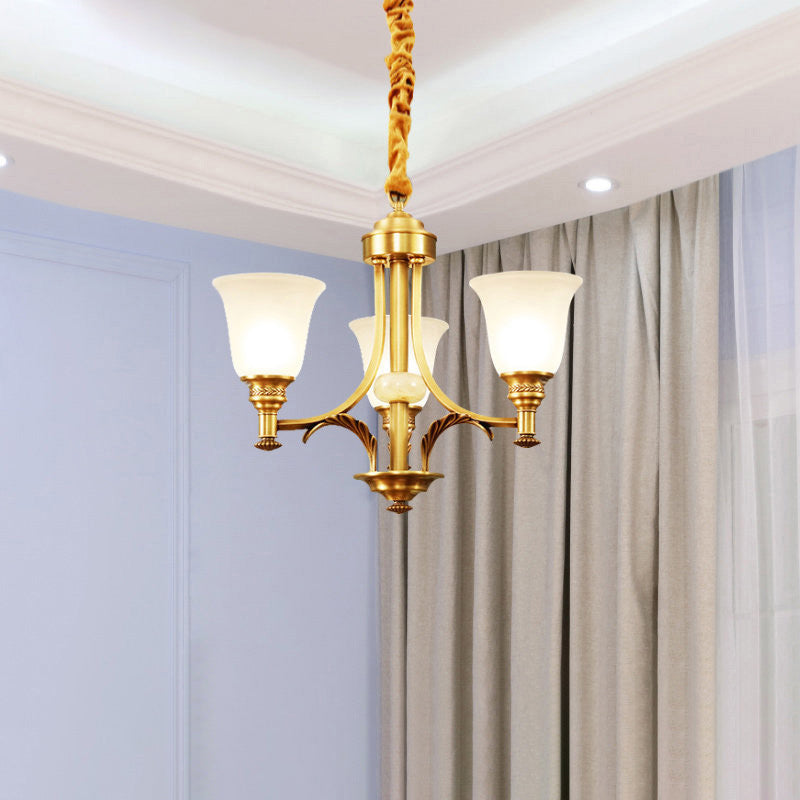 Brass Flared Up Chandelier Antique Style Opaline Glass Bedroom Suspended Lighting Fixture Clearhalo 'Ceiling Lights' 'Chandeliers' Lighting' options 2311793