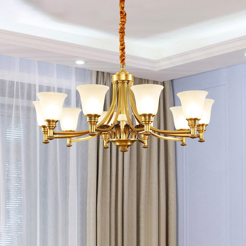 Brass Flared Up Chandelier Antique Style Opaline Glass Bedroom Suspended Lighting Fixture Clearhalo 'Ceiling Lights' 'Chandeliers' Lighting' options 2311794