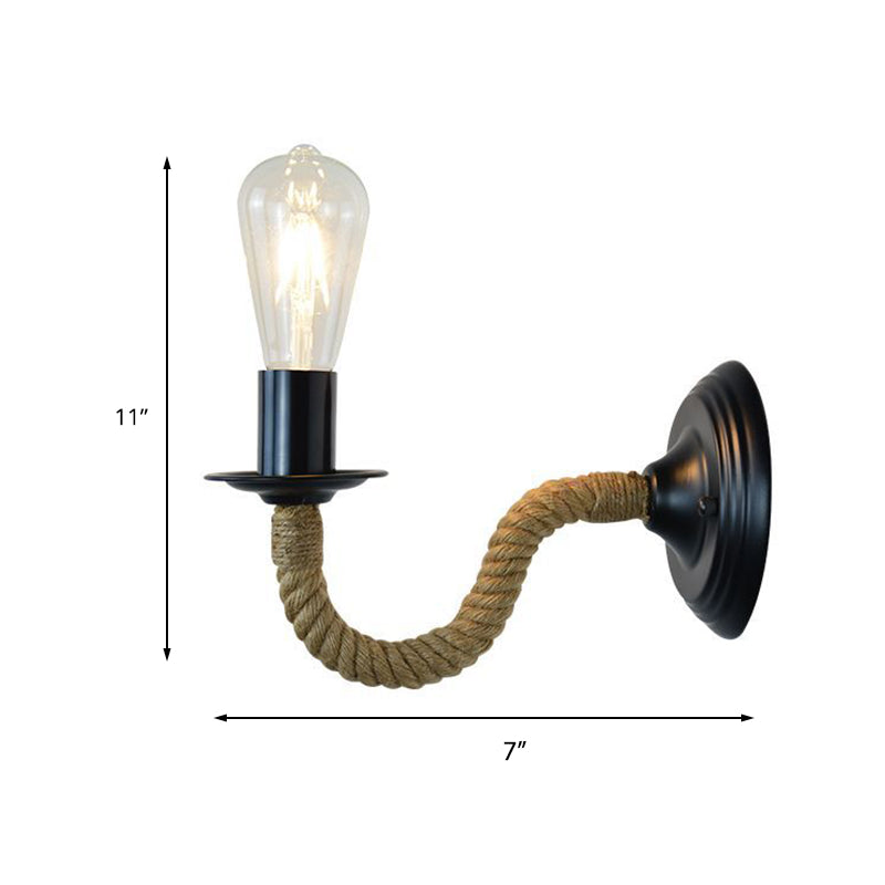 Traditional Bare Bulb Sconce Light Fixture 1-Light Metal Wall Mounted Light with Rope-Wrapped Arm in Black Clearhalo 'Wall Lamps & Sconces' 'Wall Lights' Lighting' 231200