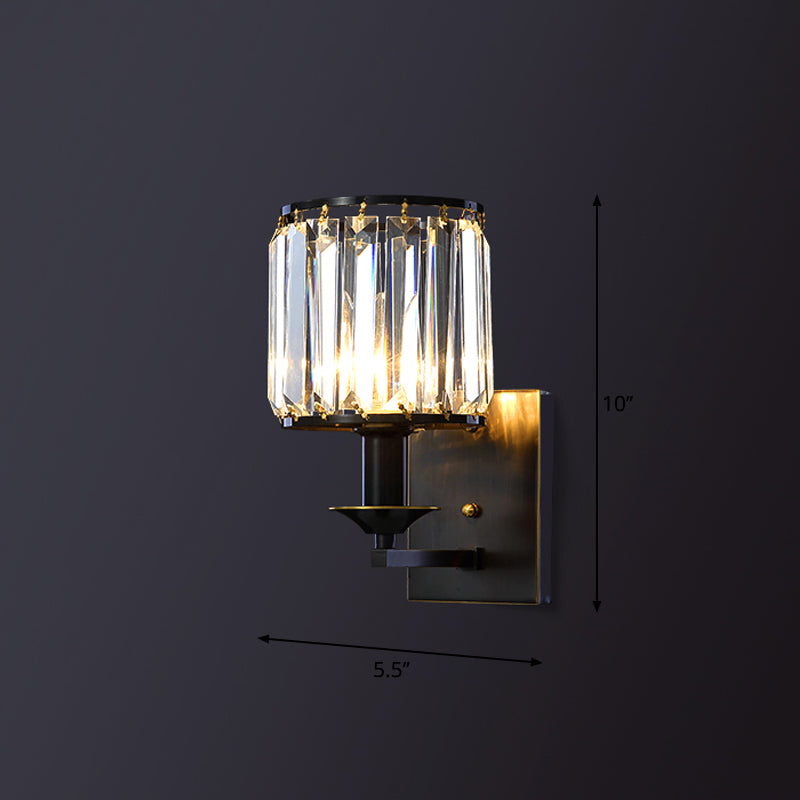 Simplicity Cylinder Wall Lamp Fixture 1-Bulb Prismatic Crystal Sconce Lighting in Black Clearhalo 'Wall Lamps & Sconces' 'Wall Lights' Lighting' 2312003