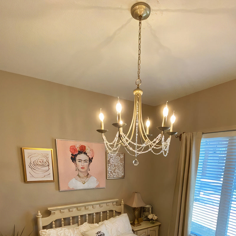 Candle Style Bedroom Chandelier Countryside Metal 6-Light Suspension Lighting with Crystal Deco Gold Clearhalo 'Ceiling Lights' 'Chandeliers' Lighting' options 2312011_7a28766e-c007-46ae-a123-0bb3ddd953b5