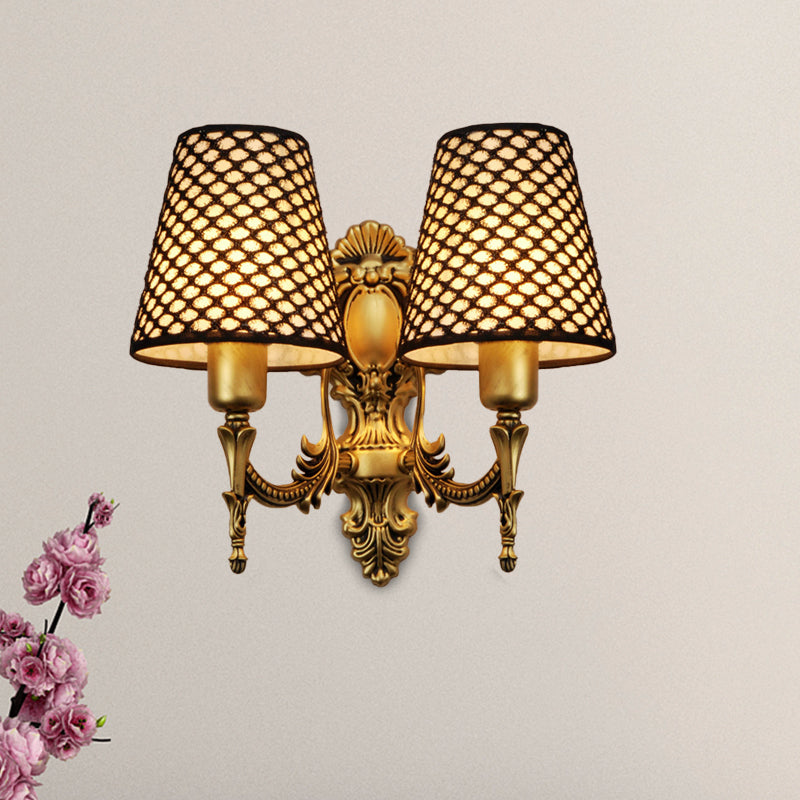 Gold Cone Wall Mount Light Traditional Metal 1/2-Light Living Room Carved Sconce Light with Lattice Fabric Shade Clearhalo 'Wall Lamps & Sconces' 'Wall Lights' Lighting' 231319