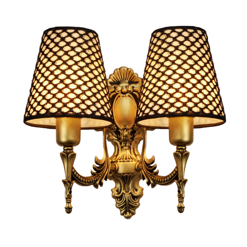 Gold Cone Wall Mount Light Traditional Metal 1/2-Light Living Room Carved Sconce Light with Lattice Fabric Shade Clearhalo 'Wall Lamps & Sconces' 'Wall Lights' Lighting' 231320