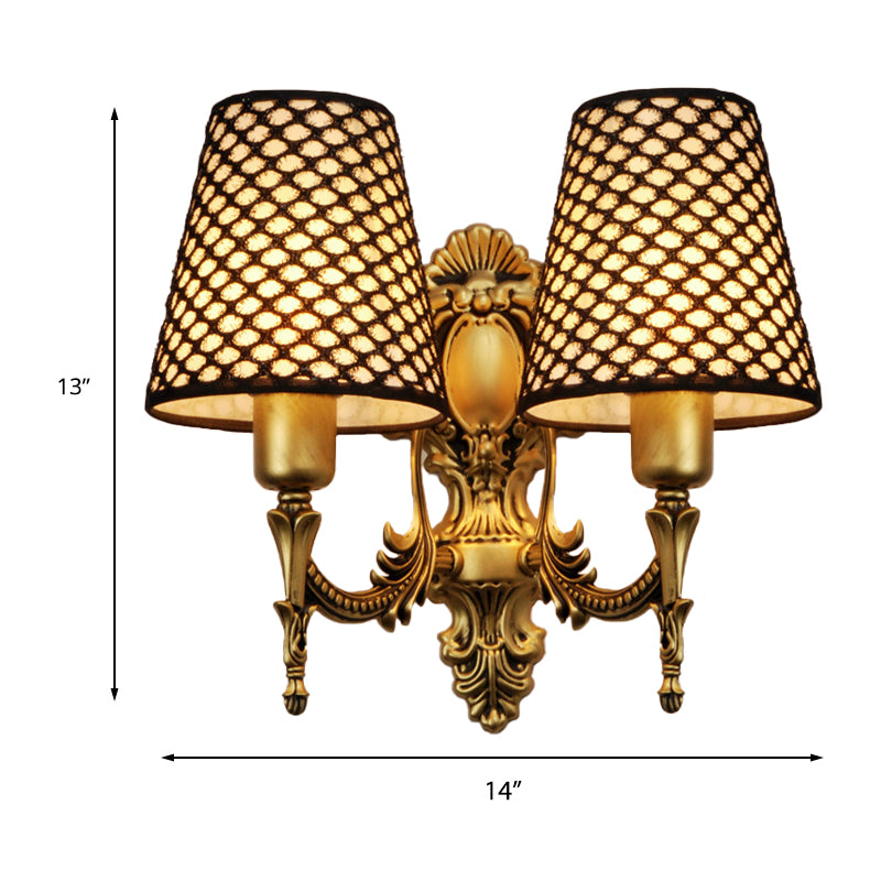 Gold Cone Wall Mount Light Traditional Metal 1/2-Light Living Room Carved Sconce Light with Lattice Fabric Shade Clearhalo 'Wall Lamps & Sconces' 'Wall Lights' Lighting' 231321