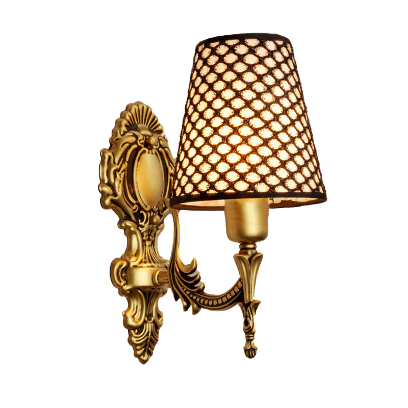 Gold Cone Wall Mount Light Traditional Metal 1/2-Light Living Room Carved Sconce Light with Lattice Fabric Shade Clearhalo 'Wall Lamps & Sconces' 'Wall Lights' Lighting' 231324