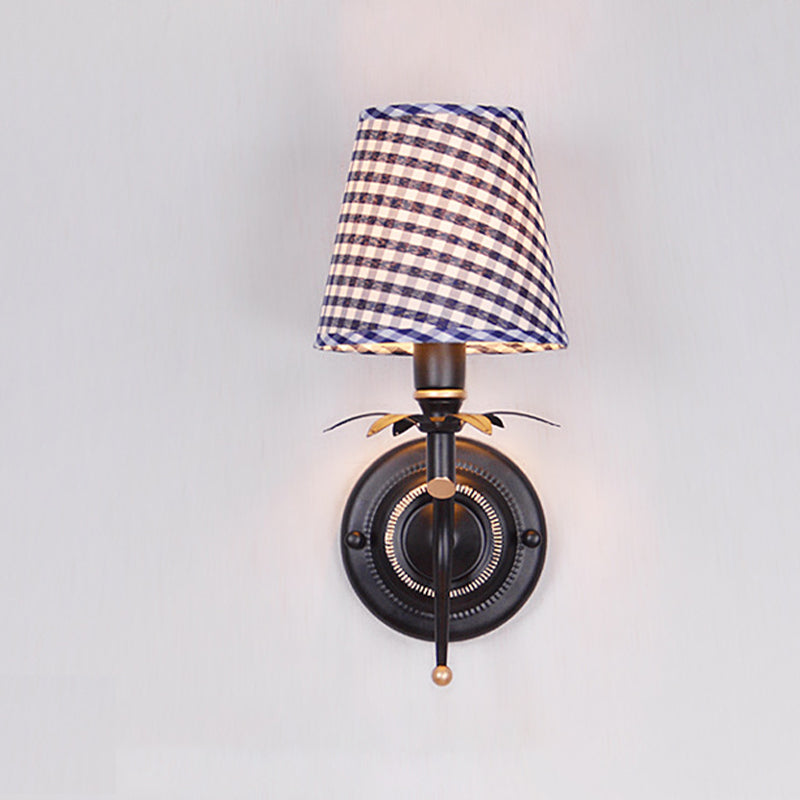 Blue Single Head Wall Mount Light Traditional Metal Conical Sconce Light with Lattice Fabric Shade Clearhalo 'Wall Lamps & Sconces' 'Wall Lights' Lighting' 231338