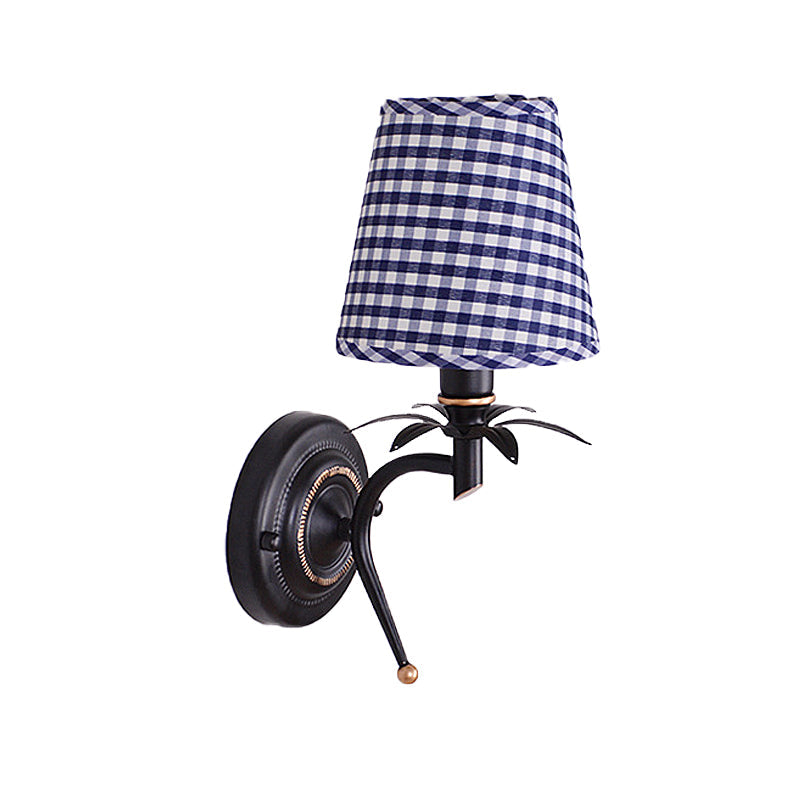 Blue Single Head Wall Mount Light Traditional Metal Conical Sconce Light with Lattice Fabric Shade Clearhalo 'Wall Lamps & Sconces' 'Wall Lights' Lighting' 231339