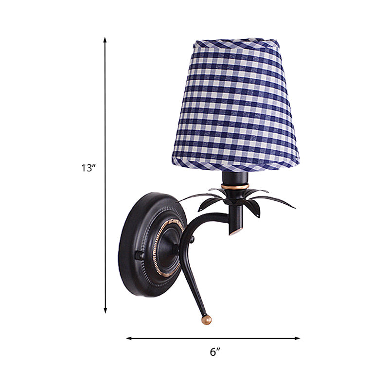 Blue Single Head Wall Mount Light Traditional Metal Conical Sconce Light with Lattice Fabric Shade Clearhalo 'Wall Lamps & Sconces' 'Wall Lights' Lighting' 231340