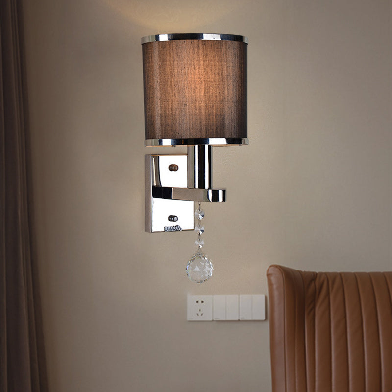 Traditional Cylinder Wall Sconce 1-Light Fabric Sconce Light with Crystal Accent in Chrome for Bedroom Clearhalo 'Wall Lamps & Sconces' 'Wall Lights' Lighting' 231479