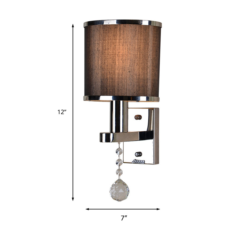 Traditional Cylinder Wall Sconce 1-Light Fabric Sconce Light with Crystal Accent in Chrome for Bedroom Clearhalo 'Wall Lamps & Sconces' 'Wall Lights' Lighting' 231481