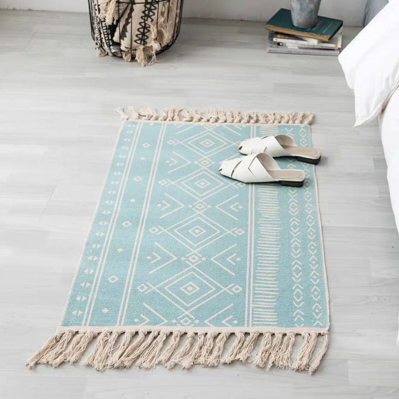 Multi Color Comfort Rug Jute Geometric Printed Area Carpet Easy Care Stain-Resistant Pet Friendly Rug with Tassel for Bedroom Blue 2' x 2'11