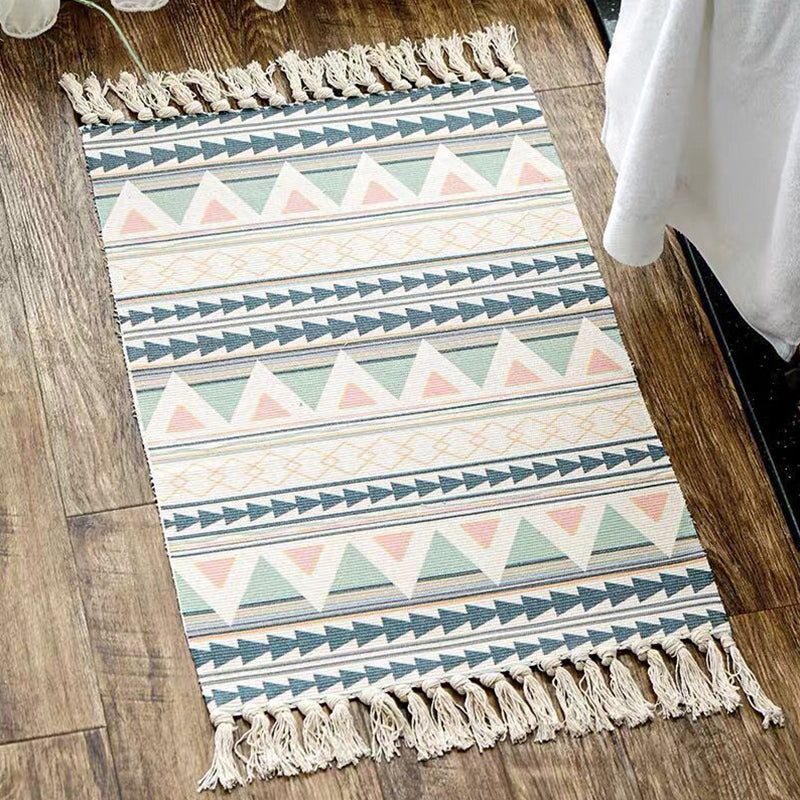 Multi Color Comfort Rug Jute Geometric Printed Area Carpet Easy Care Stain-Resistant Pet Friendly Rug with Tassel for Bedroom Green 2' x 2'11