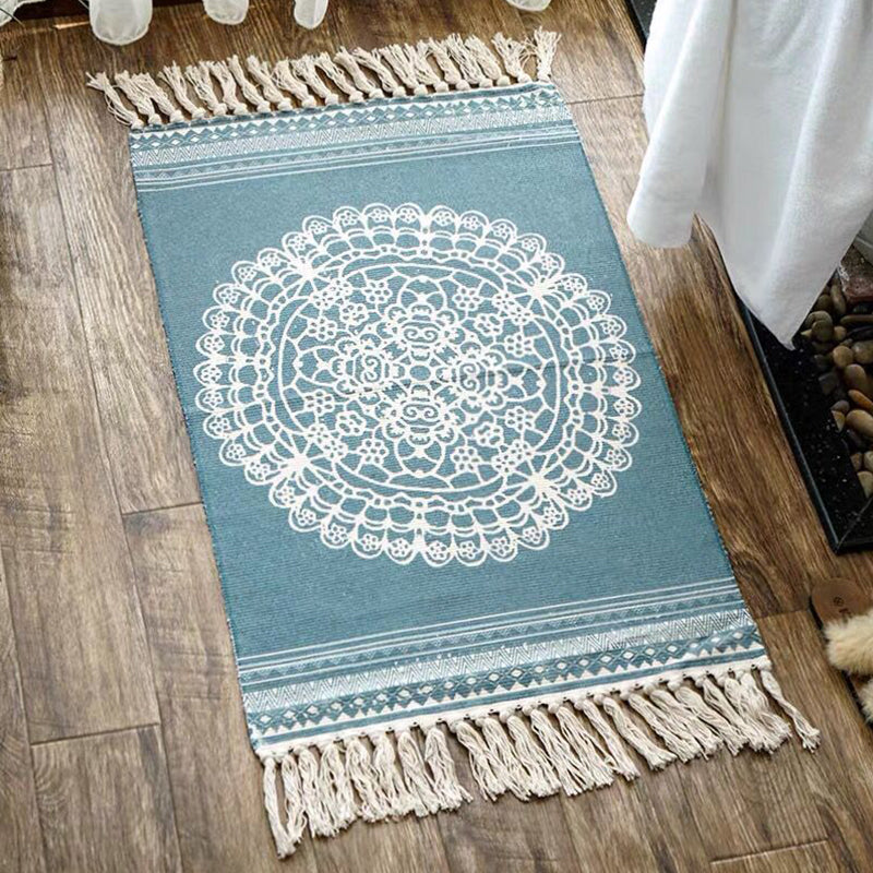 Multi Color Comfort Rug Jute Geometric Printed Area Carpet Easy Care Stain-Resistant Pet Friendly Rug with Tassel for Bedroom Aqua 2' x 2'11