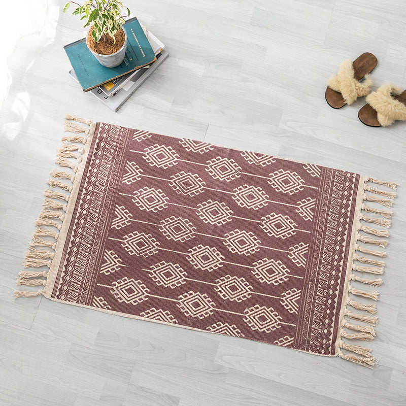 Bohemian Bedroom Rug Multi Color Geo Printed Area Rug Jute Pet Friendly Easy Care Stain-Resistant Carpet with Tassel Dark Red 2' x 2'11