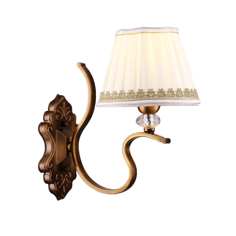 Gold Pleated Shade Wall Sconce Traditional Fabric 1/2-Bulb Living Room Wall Mounted Light with Crystal Accent Clearhalo 'Wall Lamps & Sconces' 'Wall Lights' Lighting' 231775