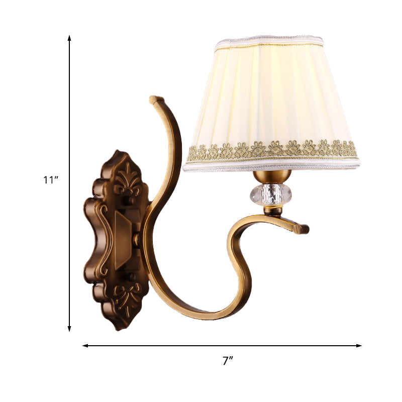 Gold Pleated Shade Wall Sconce Traditional Fabric 1/2-Bulb Living Room Wall Mounted Light with Crystal Accent Clearhalo 'Wall Lamps & Sconces' 'Wall Lights' Lighting' 231776