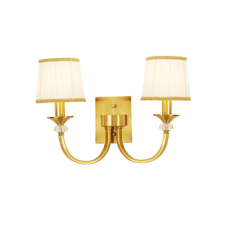 Traditional Drum Wall Light 2 Heads White Fabric Wall Sconce Lighting with Crystal Accent in Brass Clearhalo 'Wall Lamps & Sconces' 'Wall Lights' Lighting' 231789