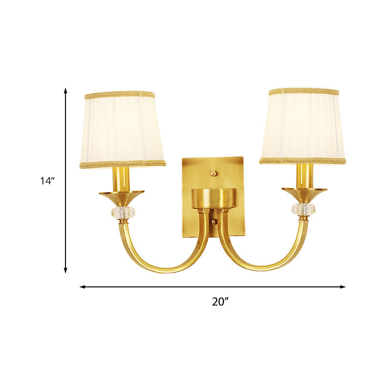 Traditional Drum Wall Light 2 Heads White Fabric Wall Sconce Lighting with Crystal Accent in Brass Clearhalo 'Wall Lamps & Sconces' 'Wall Lights' Lighting' 231790