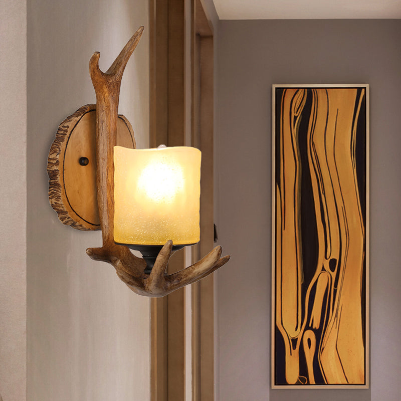 Wood 1 Light Sconce Light Country Resin Antler Wall Lighting Fixture for Living Room with Frosted Glass Shade Wood Clearhalo 'Wall Lamps & Sconces' 'Wall Lights' Lighting' 231976