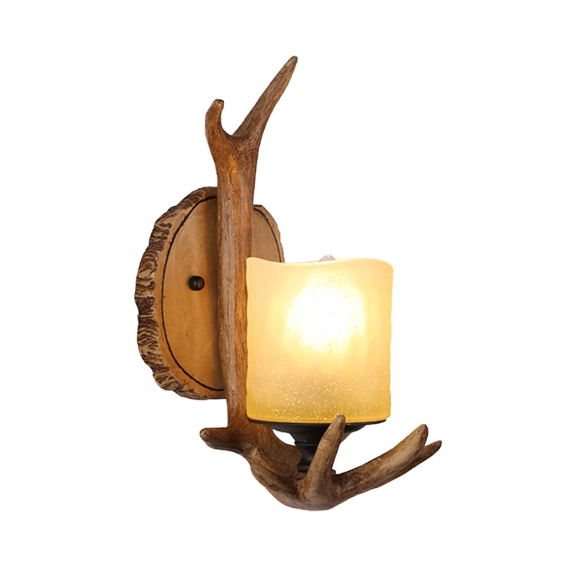 Wood 1 Light Sconce Light Country Resin Antler Wall Lighting Fixture for Living Room with Frosted Glass Shade Clearhalo 'Wall Lamps & Sconces' 'Wall Lights' Lighting' 231978