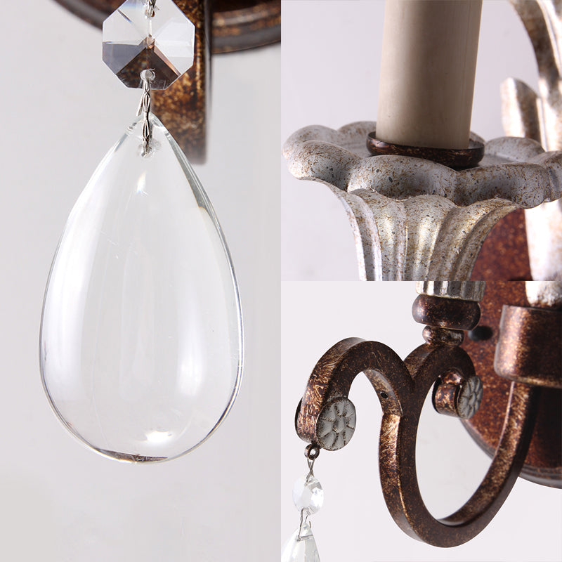 Metal Rust Sconce Lamp Exposed Bulb 1-Light Vintage Wall Mounted Lighting for Bedroom with Crystal Drop Clearhalo 'Wall Lamps & Sconces' 'Wall Lights' Lighting' 232079