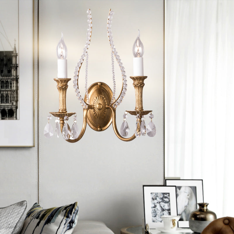 Candle Bedroom Wall Lamp Country Metal 2 Lights Gold Sconce Light Fixture with Crystal Accents Clearhalo 'Wall Lamps & Sconces' 'Wall Lights' Lighting' 232107