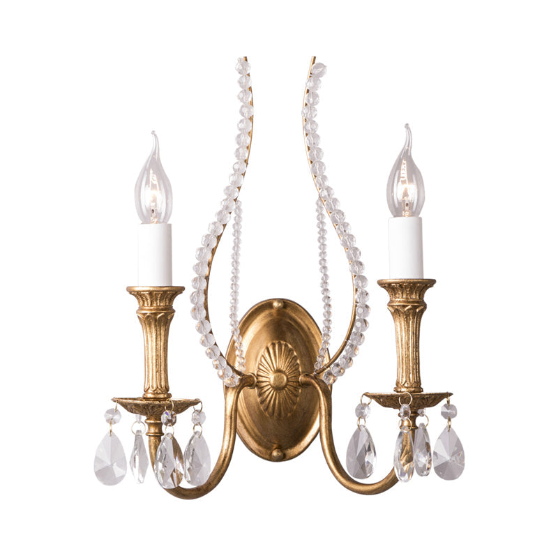 Candle Bedroom Wall Lamp Country Metal 2 Lights Gold Sconce Light Fixture with Crystal Accents Clearhalo 'Wall Lamps & Sconces' 'Wall Lights' Lighting' 232108