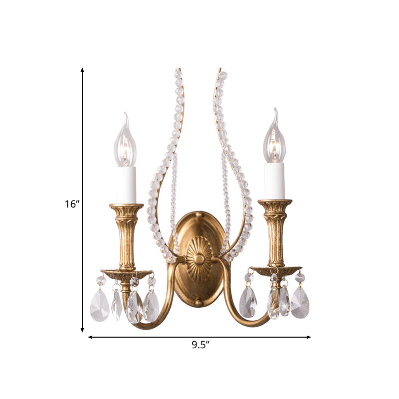 Candle Bedroom Wall Lamp Country Metal 2 Lights Gold Sconce Light Fixture with Crystal Accents Clearhalo 'Wall Lamps & Sconces' 'Wall Lights' Lighting' 232109