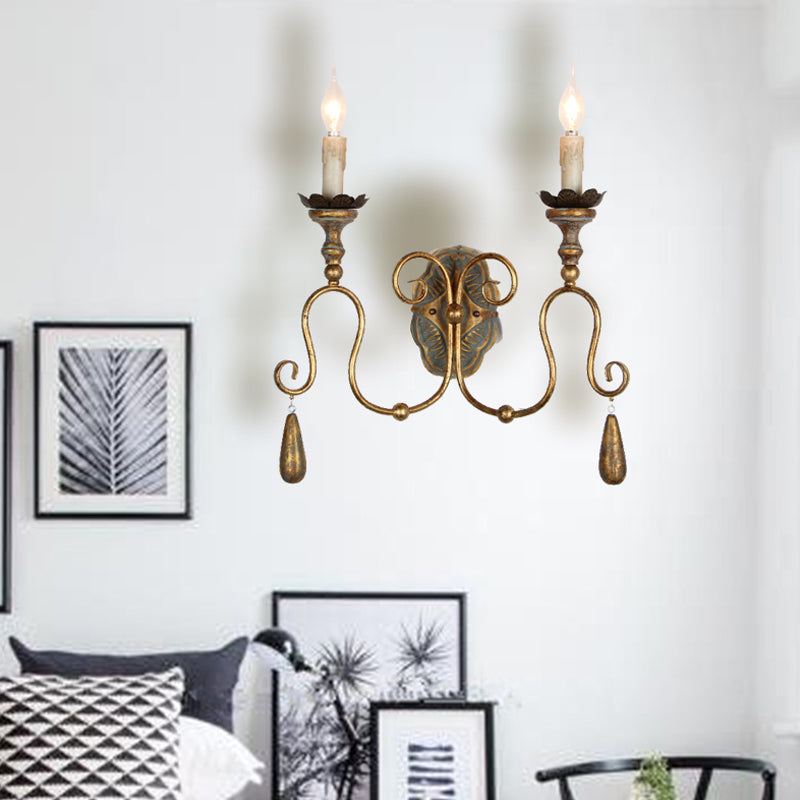 Gold 2 Lights Wall Light Fixture Countryside Metal Exposed Bulb Sconce Lamp for Bedroom Clearhalo 'Wall Lamps & Sconces' 'Wall Lights' Lighting' 232116