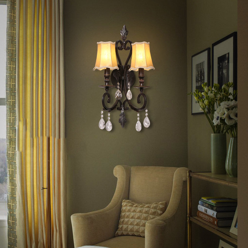 Rust Scalloped Sconce Traditional Metal 2 Lights Indoor Wall Mount Lighting with Fabric Shade and Crystal Accents Rust Clearhalo 'Wall Lamps & Sconces' 'Wall Lights' Lighting' 232132