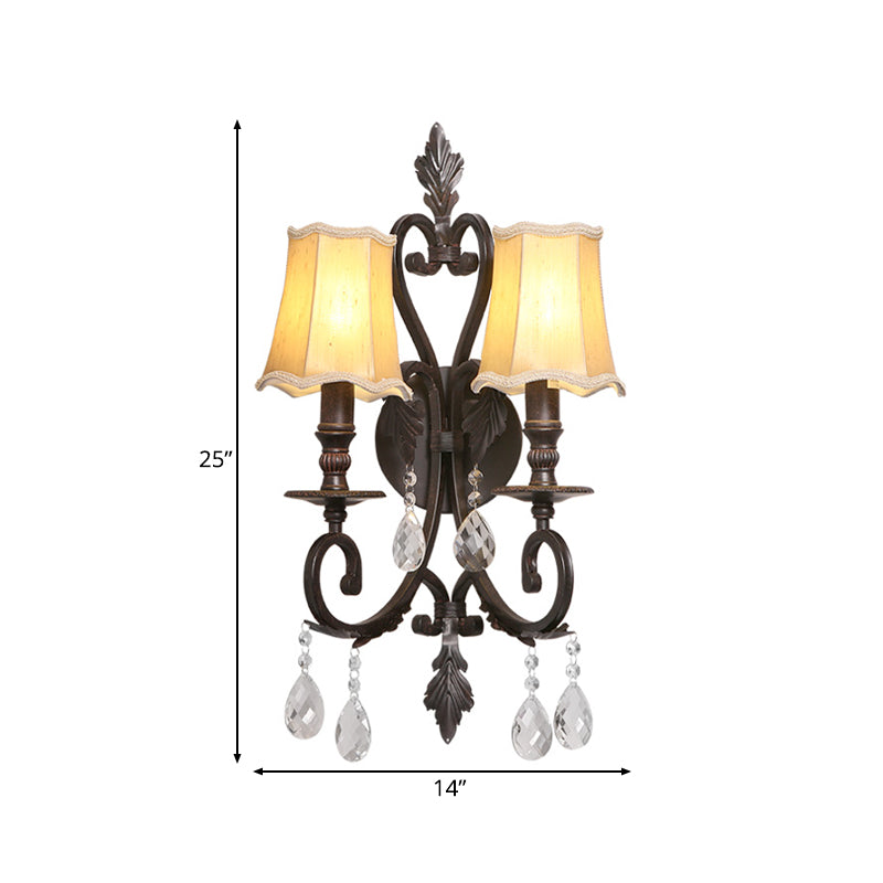 Rust Scalloped Sconce Traditional Metal 2 Lights Indoor Wall Mount Lighting with Fabric Shade and Crystal Accents Clearhalo 'Wall Lamps & Sconces' 'Wall Lights' Lighting' 232135