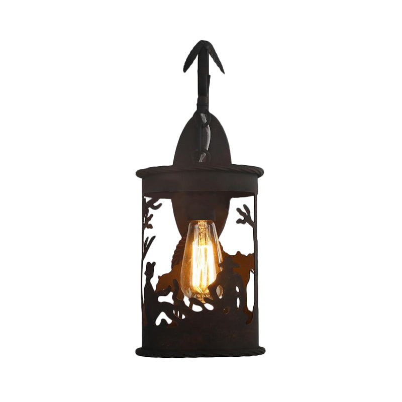 Country Lantern Sconce Fixture 1 Bulb Metal Wall Mount Lighting in Black for Restaurant with Wild Animal Pattern Clearhalo 'Wall Lamps & Sconces' 'Wall Lights' Lighting' 232142