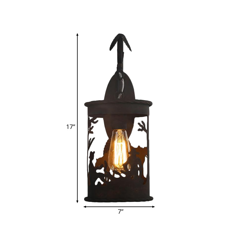 Country Lantern Sconce Fixture 1 Bulb Metal Wall Mount Lighting in Black for Restaurant with Wild Animal Pattern Clearhalo 'Wall Lamps & Sconces' 'Wall Lights' Lighting' 232143