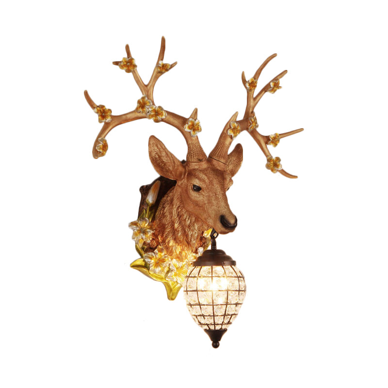 1 Light Resin Wall Lighting Country White/Yellow/Brown Deer Living Room Sconce Light Fixture with Teardrop Crystal Shade Clearhalo 'Wall Lamps & Sconces' 'Wall Lights' Lighting' 232238