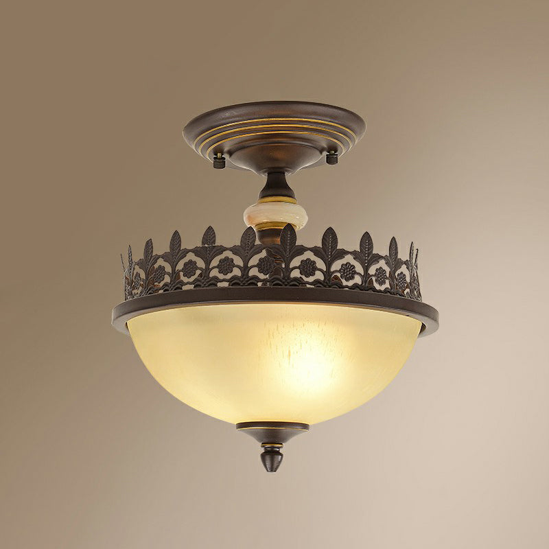 Vintage Bowl Ceiling Flush Light Frosted Glass Semi Flush Mount Lighting with Filigree Frame in Brown Brown 11