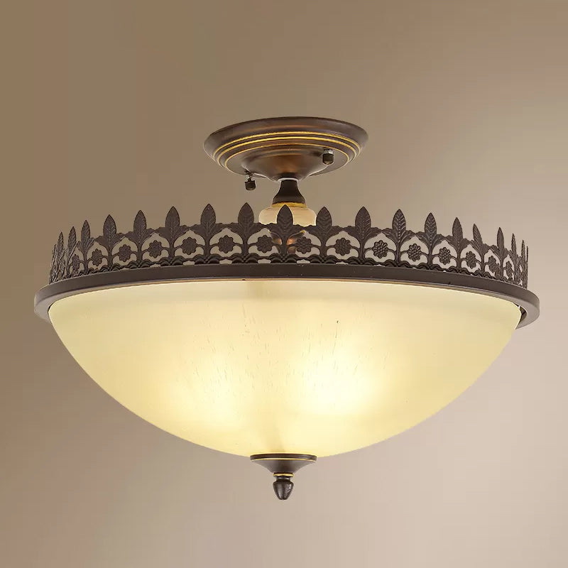 Vintage Bowl Ceiling Flush Light Frosted Glass Semi Flush Mount Lighting with Filigree Frame in Brown Brown 18