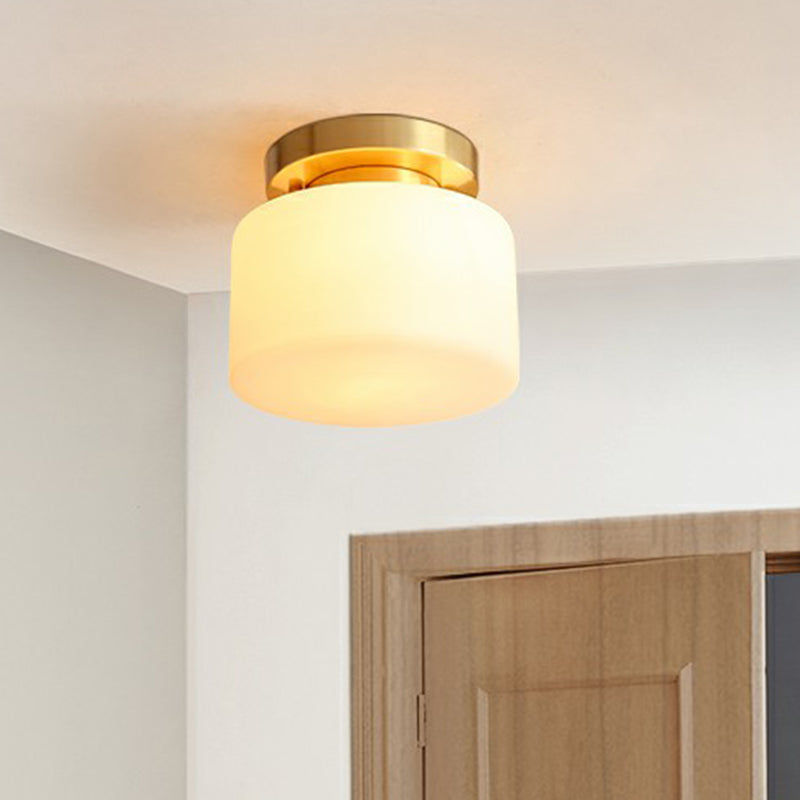 Minimalist Cylindrical Semi Flush Mount Lamp 1 Head Cream Glass Ceiling Light in Brass for Foyer Brass Clearhalo 'Ceiling Lights' 'Close To Ceiling Lights' 'Close to ceiling' 'Semi-flushmount' Lighting' 2323382