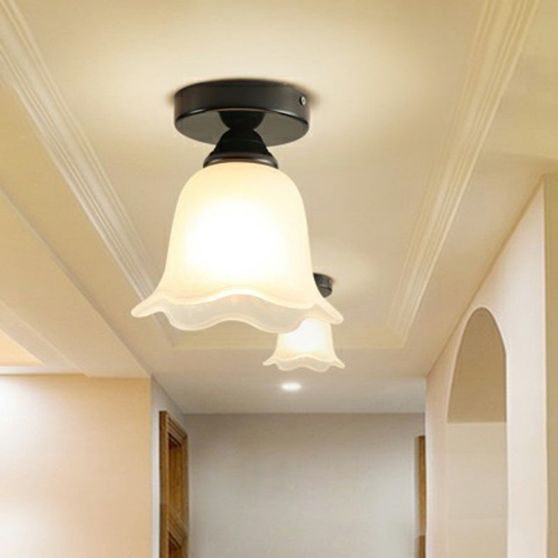 Single Frosted White Glass Ceiling Lamp Rustic Black Flower Corridor Semi Flush Light Clearhalo 'Ceiling Lights' 'Close To Ceiling Lights' 'Close to ceiling' 'Semi-flushmount' Lighting' 2323388