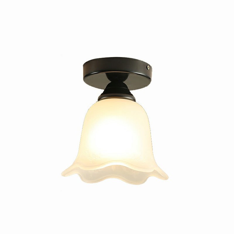 Single Frosted White Glass Ceiling Lamp Rustic Black Flower Corridor Semi Flush Light Clearhalo 'Ceiling Lights' 'Close To Ceiling Lights' 'Close to ceiling' 'Semi-flushmount' Lighting' 2323389