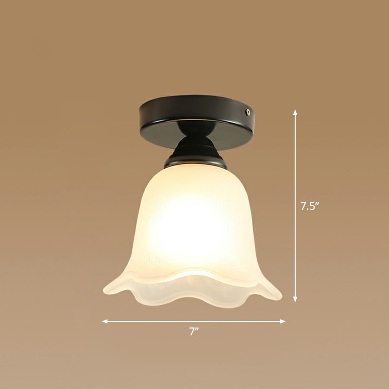 Single Frosted White Glass Ceiling Lamp Rustic Black Flower Corridor Semi Flush Light Clearhalo 'Ceiling Lights' 'Close To Ceiling Lights' 'Close to ceiling' 'Semi-flushmount' Lighting' 2323390