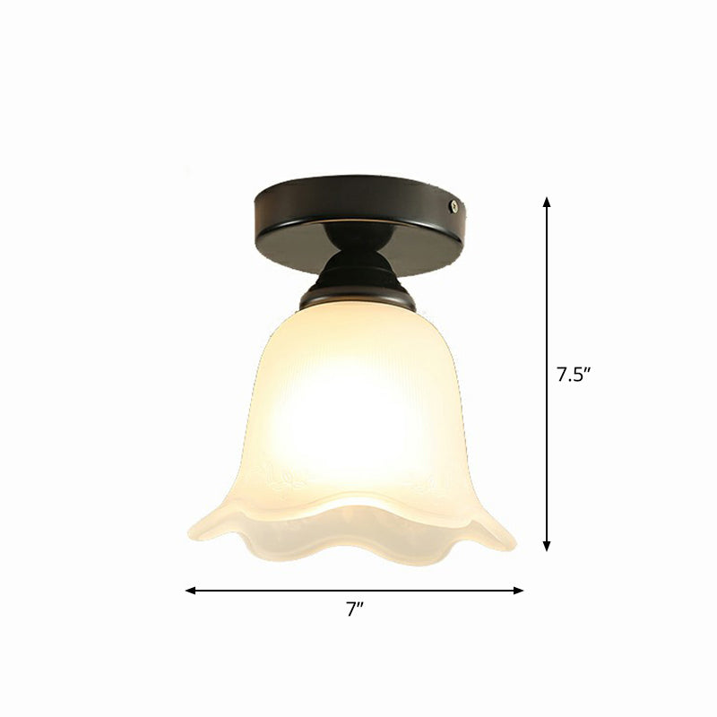 Single Frosted White Glass Ceiling Lamp Rustic Black Flower Corridor Semi Flush Light Clearhalo 'Ceiling Lights' 'Close To Ceiling Lights' 'Close to ceiling' 'Semi-flushmount' Lighting' 2323391