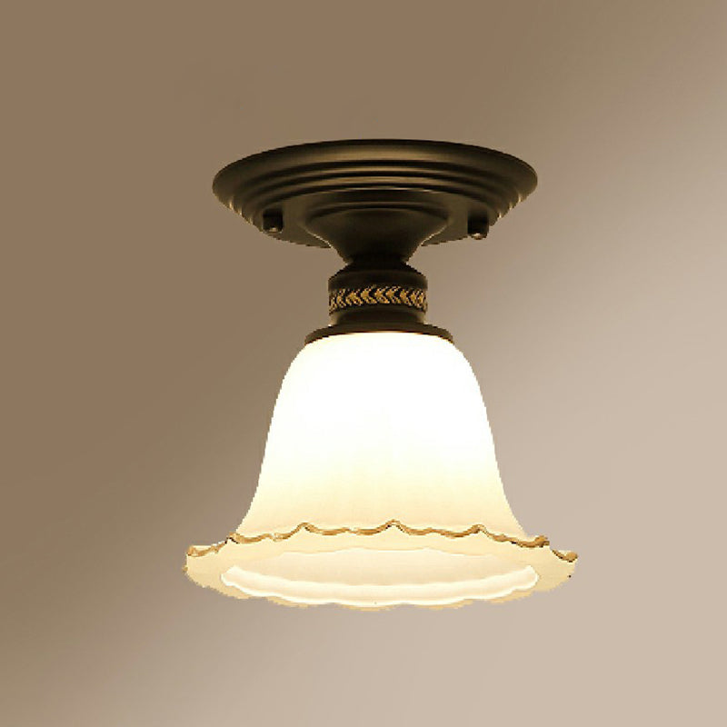 Flared Aisle Flush Ceiling Light Vintage Ivory Glass 1 Bulb Black Semi Mount Lighting Black Clearhalo 'Ceiling Lights' 'Close To Ceiling Lights' 'Close to ceiling' 'Semi-flushmount' Lighting' 2323392