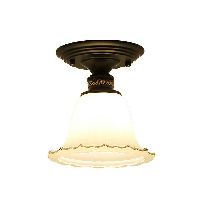 Flared Aisle Flush Ceiling Light Vintage Ivory Glass 1 Bulb Black Semi Mount Lighting Clearhalo 'Ceiling Lights' 'Close To Ceiling Lights' 'Close to ceiling' 'Semi-flushmount' Lighting' 2323394