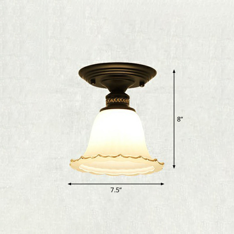 Flared Aisle Flush Ceiling Light Vintage Ivory Glass 1 Bulb Black Semi Mount Lighting Clearhalo 'Ceiling Lights' 'Close To Ceiling Lights' 'Close to ceiling' 'Semi-flushmount' Lighting' 2323395