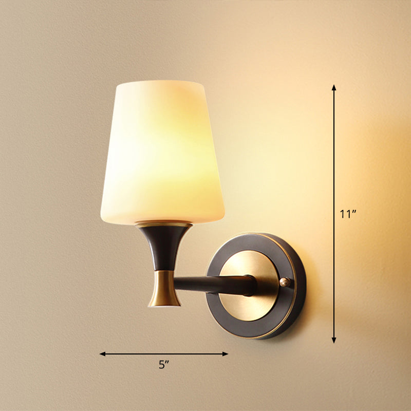 Conical White Glass Wall Lighting Minimalist 1 Bulb Bedside Sconce Fixture in Black and Brass Clearhalo 'Wall Lamps & Sconces' 'Wall Lights' Lighting' 2323416