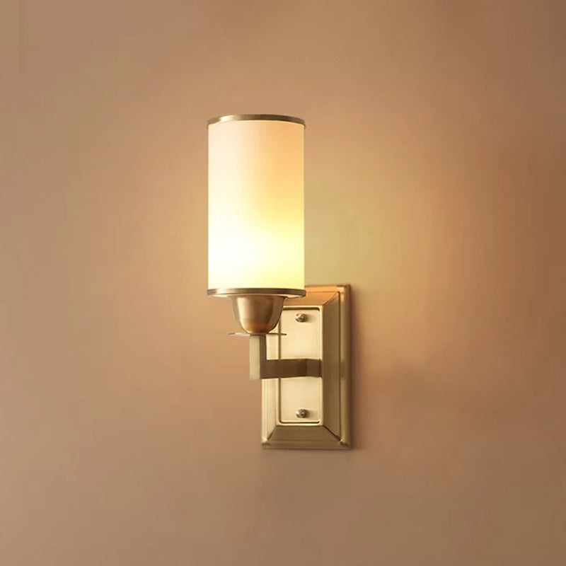 1-Light White Glass Wall Sconce Traditional Brass Cylindrical Dining Room Wall Mount Light Clearhalo 'Wall Lamps & Sconces' 'Wall Lights' Lighting' 2323421