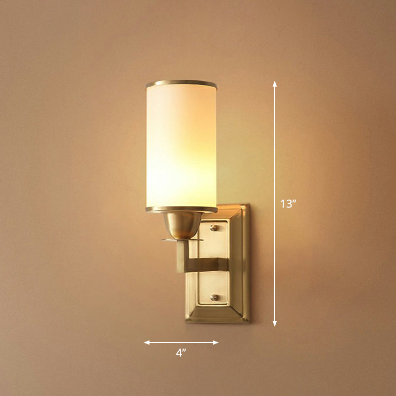 1-Light White Glass Wall Sconce Traditional Brass Cylindrical Dining Room Wall Mount Light Clearhalo 'Wall Lamps & Sconces' 'Wall Lights' Lighting' 2323423