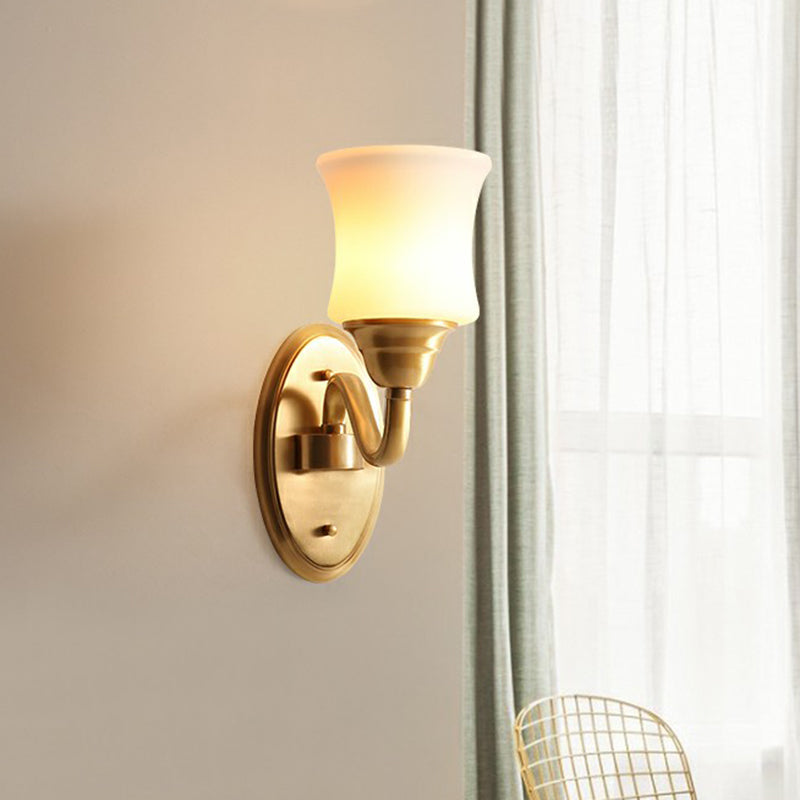 Single-Bulb Sconce Light Antique Stairs Wall Lamp Fixture with Curved Cream Glass Shade in Brass Brass Clearhalo 'Wall Lamps & Sconces' 'Wall Lights' Lighting' 2323424